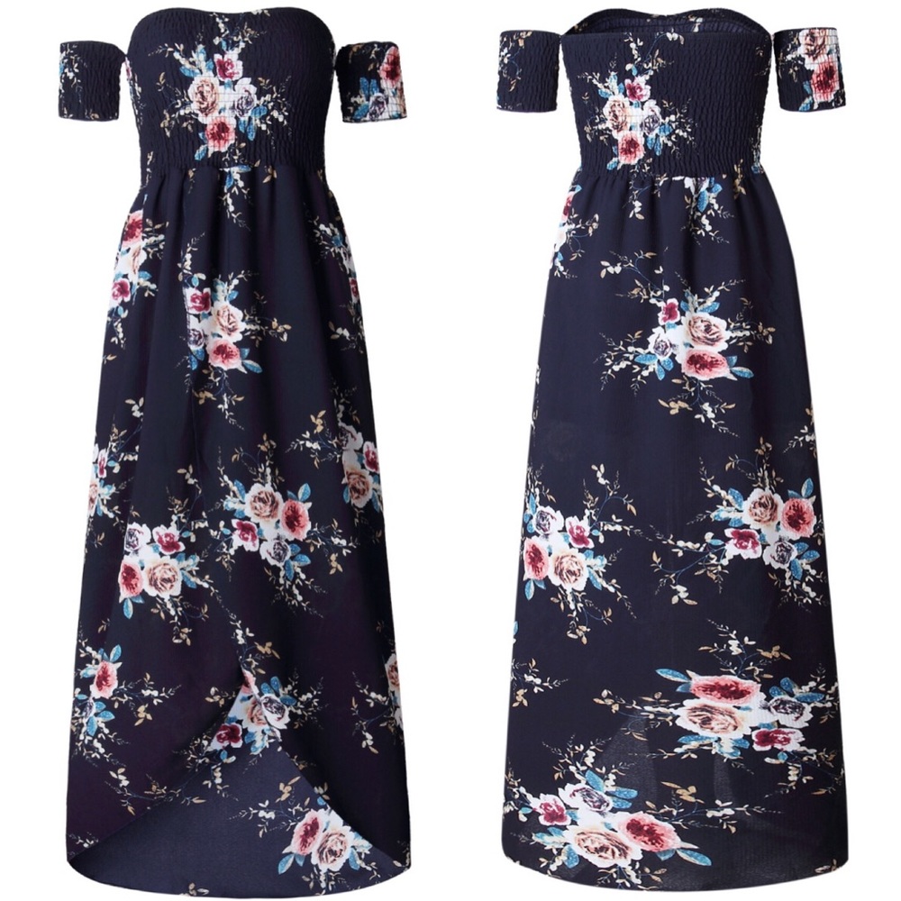 Vacation Ready Navy floral off shoulder dress - Picture 2 of 7